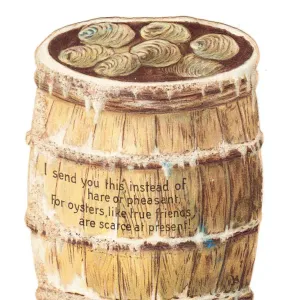 Christmas card in the shape of a barrel of oysters