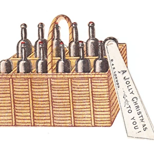 Christmas card in the shape of a basket of wine bottles