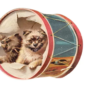 Christmas card in the shape of a drum with dogs