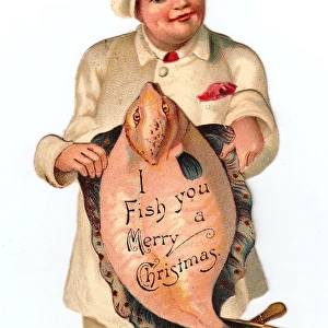 Christmas card in the shape of a man holding a fish