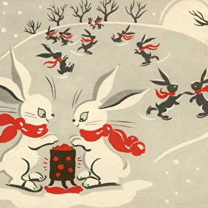 Christmas card, skating rabbits