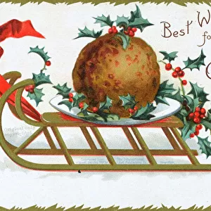 Christmas Pudding being pulled along atop a wooden sled