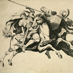 Classical battle scene with men and horses