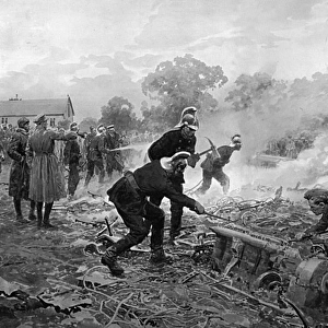 Clearing away wreckage at Cuffley by Matania, WW1