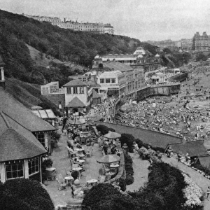 Clock Cafe and view of beach, Scarborough, Yorkshire