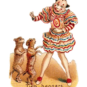 Clown with two begging dogs on a Victorian scrap