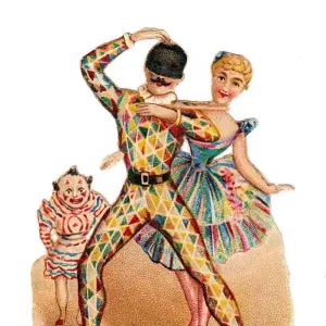 Clown, Harlequin and Columbine on a Victorian scrap