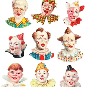 Clown heads on nine Victorian scraps