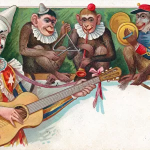 Clown with three monkeys on a postcard