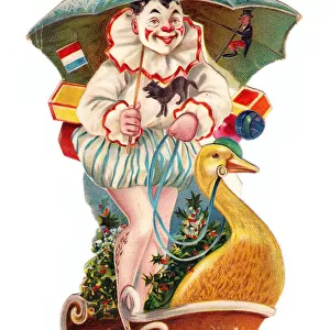 Clown riding a goose on a cutout Christmas card