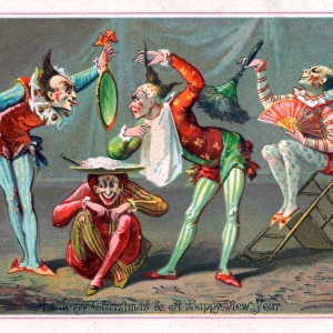 Four clowns on a Christmas and New Year card