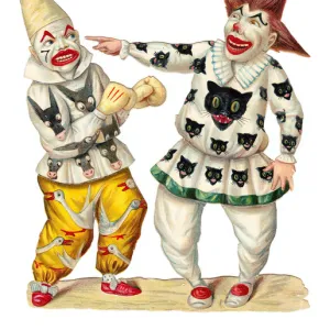 Two clowns in colourful costumes on a Victorian scrap