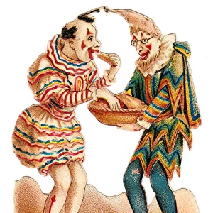 Two clowns with pie on a Victorian scrap