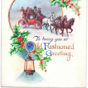 Coach and horses in the snow on a Christmas card