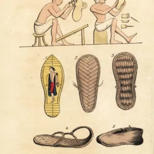 Cobblers making sandals and shoes in ancient Egypt