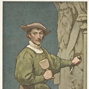 Collectors card, stone carver at work