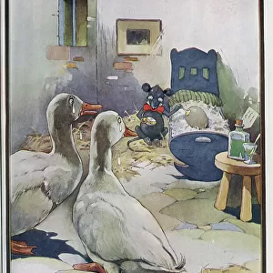 Colour illustration by G E Studdy, captioned The Doctor'. Showing scene in barn, with rodent doctor listening to egg in cot, whilst anxious geese parents look