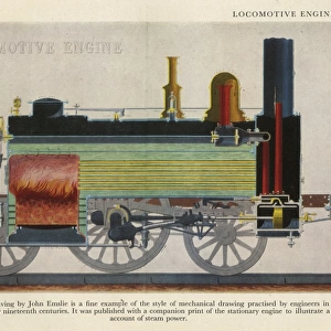 Coloured engaving of a locomotive engine by John Emslie
