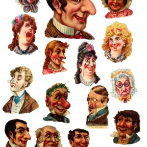 Comic heads on fifteen Victorian scraps