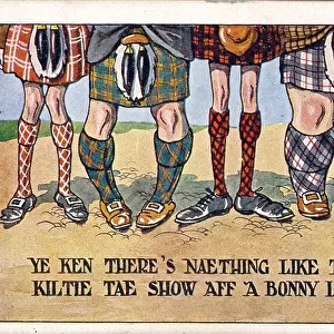 Comic postcard, Four assorted pairs of Scottish legs, with tartan kilts