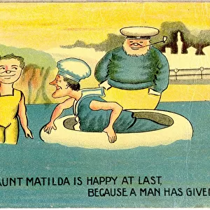 Comic postcard, Aunt Matilda bathing in the sea in an inflatable ring Date