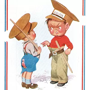 Comic postcard, Two boys playing at soldiers, WW2