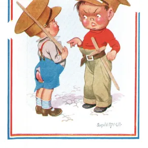 Comic postcard, Two boys playing at soldiers, WW2