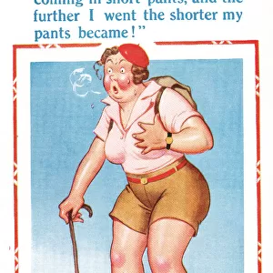 Comic postcard, breathing in short pants