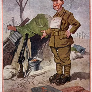 Comic postcard, British soldier in dugout, WW1