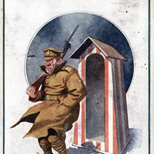 Comic postcard, British soldier on sentry duty in the cold, WW1 Date: circa 1918