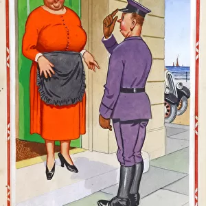 Comic postcard, Chauffeur and seaside landlady