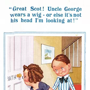 Comic postcard, Children peeping through bathroom keyhole