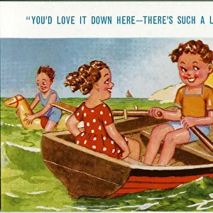 Comic postcard, Children in a rowing boat on the sea Date: 20th century
