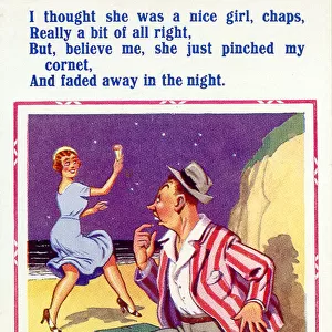 Comic postcard, Couple on the beach at night - theft of ice cream cornet Date