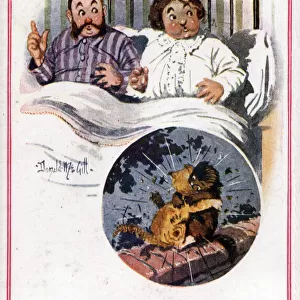 Comic postcard, Couple in bed, cats fighting, WW1 Date: circa 1918