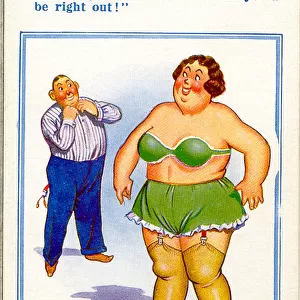Comic postcard, Couple getting dressed