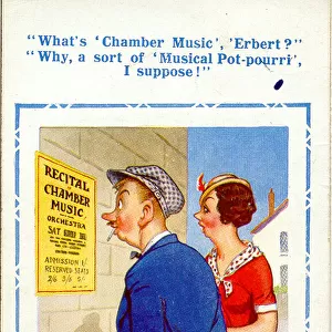 Comic postcard, Couple reading concert poster Date: 20th century