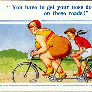 Comic postcard, Couple riding tandem on a country lane
