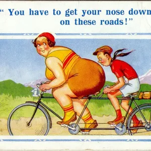 Comic postcard, Couple riding tandem on a country lane