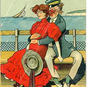Comic postcard, Couple at seaside sitting on a bench - Skegness pier Date