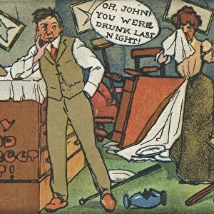 Comic postcard, couple in a trashed room
