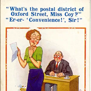 Comic postcard, Coy secretary answers boss
