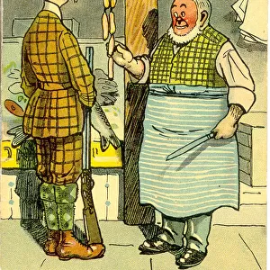 Comic postcard, Customer in butchers shop Date: early 20th century