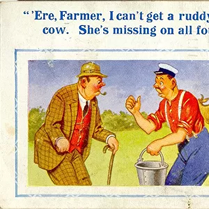 Comic postcard, Difficulty milking a cow Date: 20th century