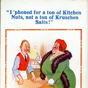 Comic postcard, dissatisfied customer in shop Date: 20th century