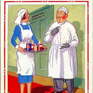 Comic postcard, Doctor and nurse, operating theatre Date: 20th century