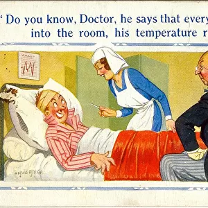Comic postcard, Doctor, nurse and patient - rising temperature Date: 20th century
