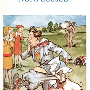 Comic postcard, dog attack on golf course - Nonplussed! Date: 20th century