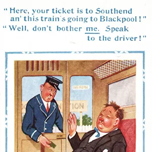 Comic postcard, drunkard on wrong train - speak to the driver! Date: 20th century