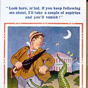 Comic postcard, Drunken man with crocodile Date: 20th century